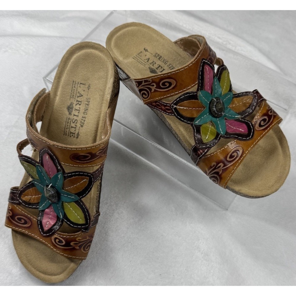 Spring Step L'Artiste Womens Multicolor Leather Wedge Sandals‎ Size 35/5 Flower
